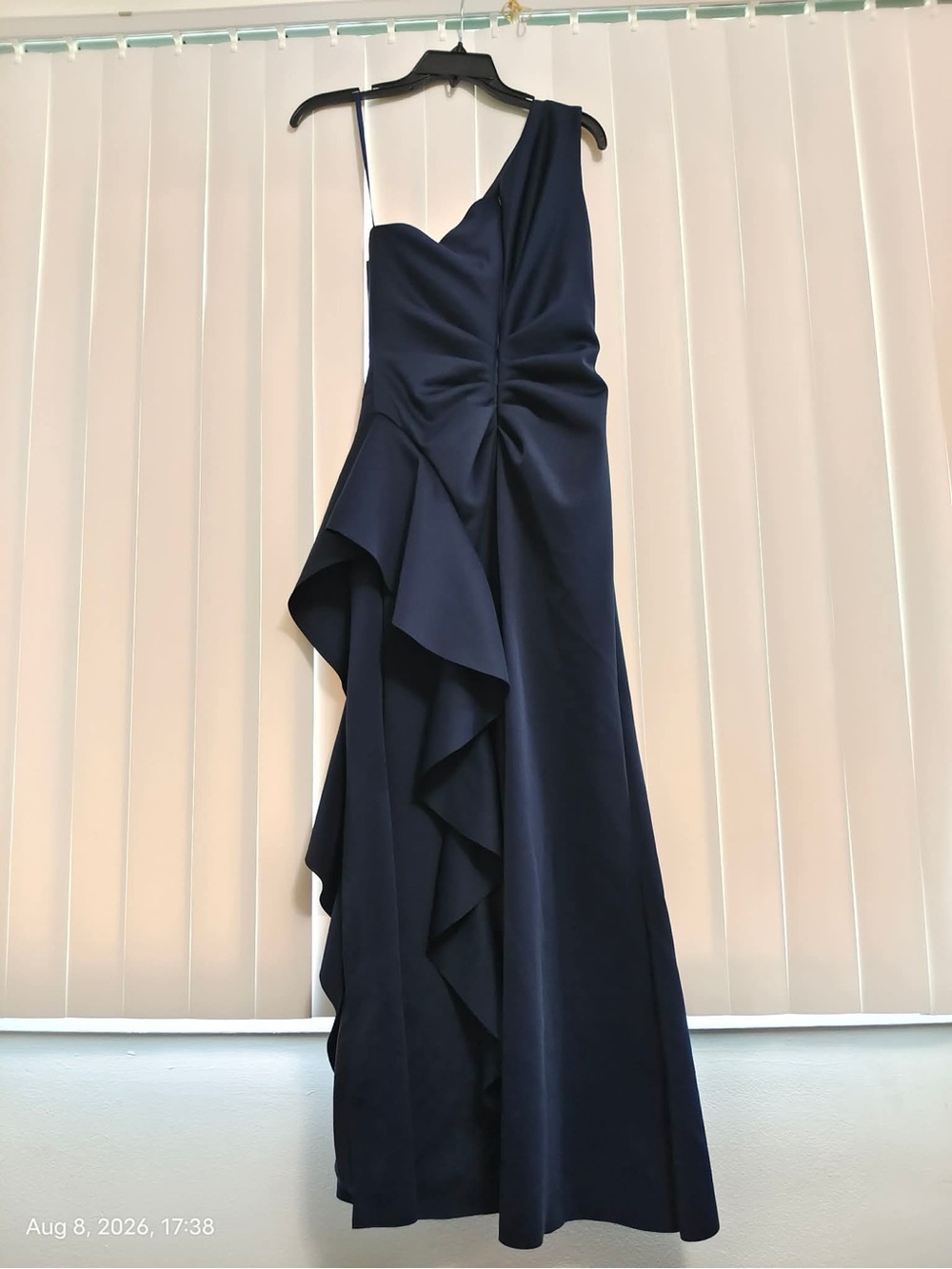 NWT Xscape Midnight Blue One-Shoulder Scuba Ruffle Sheath Dress Gown $248 SZ 4P - Picture 7 of 10